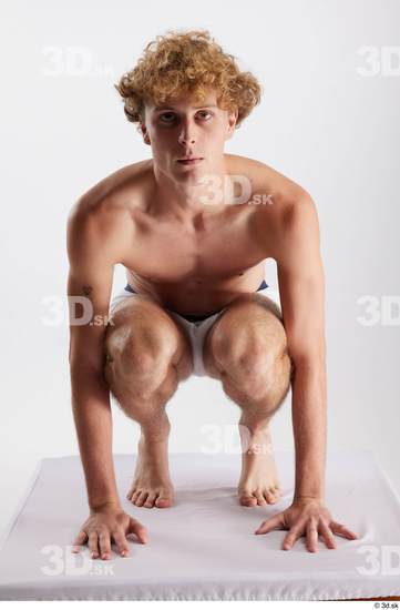 Whole Body Man White Underwear Slim Kneeling Studio photo references