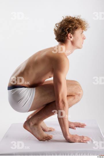 Whole Body Man White Underwear Slim Kneeling Studio photo references