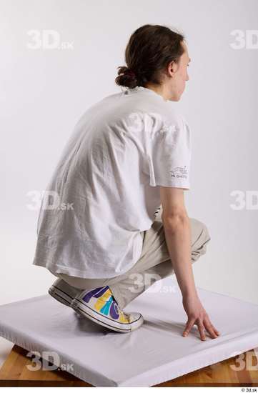 Man White Casual Shirt Jeans Slim Kneeling Studio photo references