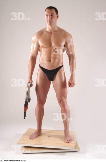 Whole Body Man Pose with machine rifle White Underwear Muscular