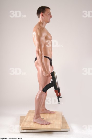 Whole Body Man Pose with machine rifle White Underwear Muscular