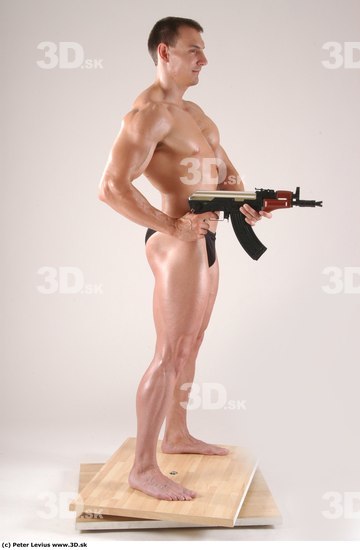 Whole Body Man Pose with machine rifle White Underwear Muscular