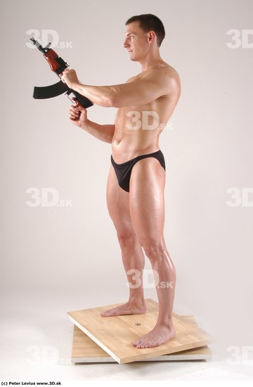 Whole Body Man Pose with machine rifle White Underwear Muscular