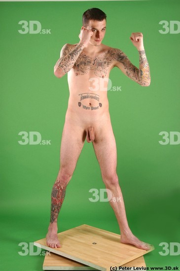 Whole Body Man Pose with pistol White Tattoo Nude Underweight Male Studio Poses