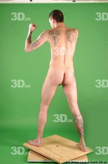 Whole Body Man Pose with pistol White Tattoo Nude Underweight Male Studio Poses