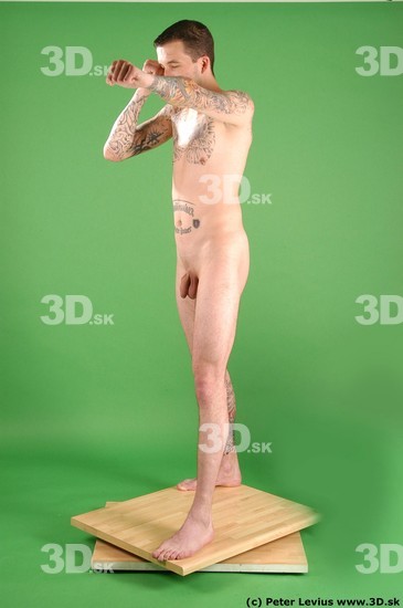 Whole Body Man Pose with pistol White Tattoo Nude Underweight Male Studio Poses