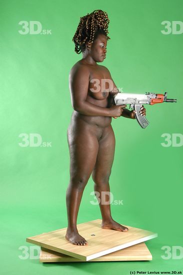 Whole Body Woman Pose with machine rifle Pose with sword Black Nude Slim Chubby Walking Studio photo references