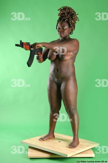 Whole Body Woman Pose with machine rifle Pose with sword Black Nude Slim Chubby Walking Studio photo references