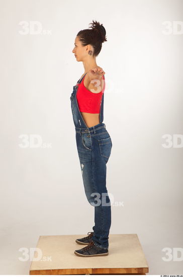 Whole body modeling pose blue jeans red singlet of Rebecca