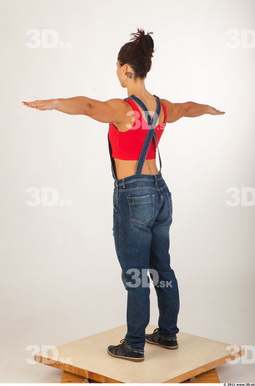 Whole body modeling pose blue jeans red singlet of Rebecca