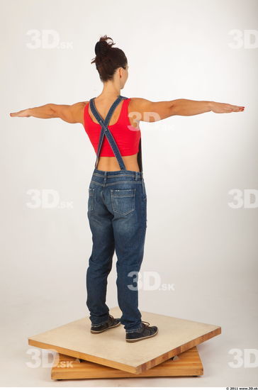 Whole body modeling pose blue jeans red singlet of Rebecca