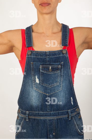 Upper body modeling pose blue jeans red singlet of Rebecca