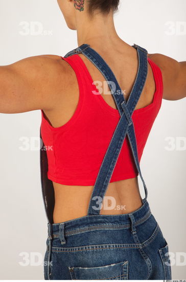 Upper body modeling pose blue jeans red singlet of Rebecca