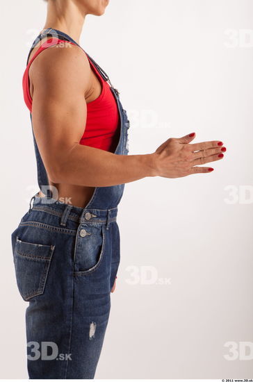 Arm moving blue jeans red singlet of Rebecca