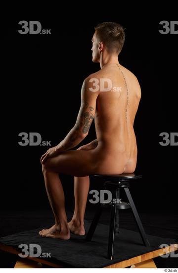 Whole Body Man White Tattoo Nude Athletic Sitting Studio photo references