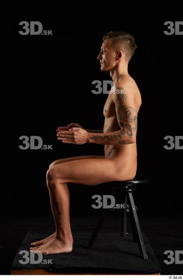 Whole Body Man White Tattoo Nude Athletic Sitting Studio photo references