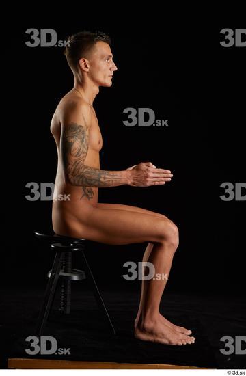 Whole Body Man White Tattoo Nude Athletic Sitting Studio photo references