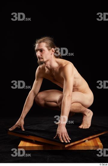 Whole Body Man White Nude Slim Kneeling Studio photo references