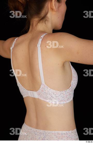 Upper Body Back Woman White Underwear Bra Slim Studio photo references