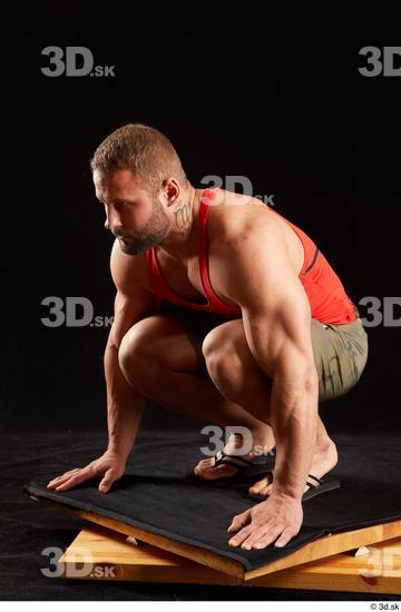 Whole Body Man White Shorts Muscular Kneeling Top Studio photo references