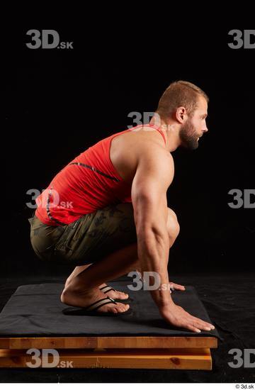 Whole Body Man White Shorts Muscular Kneeling Top Studio photo references