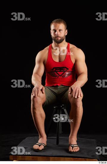 Whole Body Man White Shorts Muscular Sitting Top Studio photo references