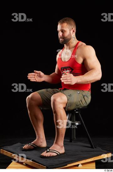 Whole Body Man White Shorts Muscular Sitting Top Studio photo references