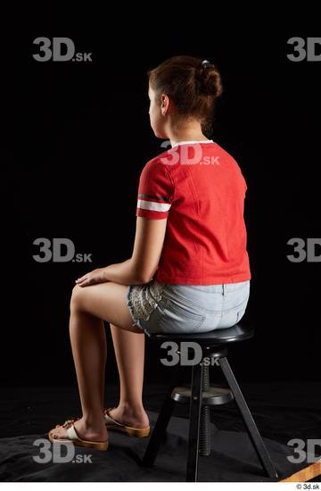 Whole Body Woman White Shirt Jeans Shorts Average Sitting Studio photo references