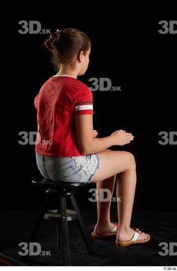 Whole Body Woman White Shirt Jeans Shorts Average Sitting Studio photo references