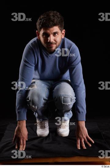 Whole Body Man White Sweatshirt Jeans Slim Kneeling Studio photo references