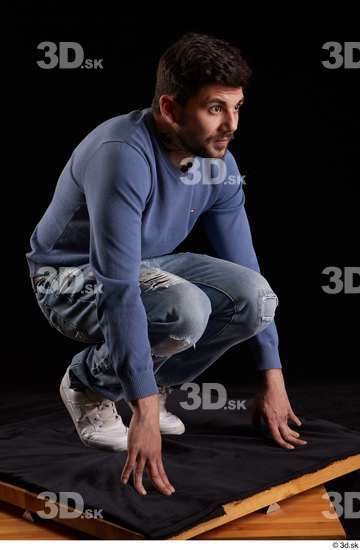 Whole Body Man White Sweatshirt Jeans Slim Kneeling Studio photo references