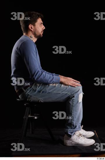 Whole Body Man White Sweatshirt Jeans Slim Sitting Studio photo references