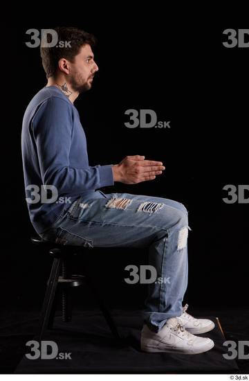 Whole Body Man White Sweatshirt Jeans Slim Sitting Studio photo references