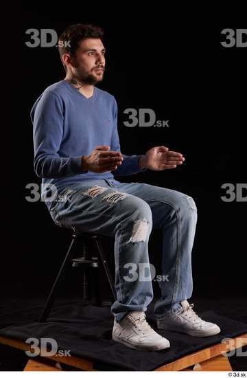 Whole Body Man White Sweatshirt Jeans Slim Sitting Studio photo references