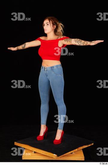 Daisy Lee blue jeans casual dressed red high heels red top standing t poses whole body  jpg