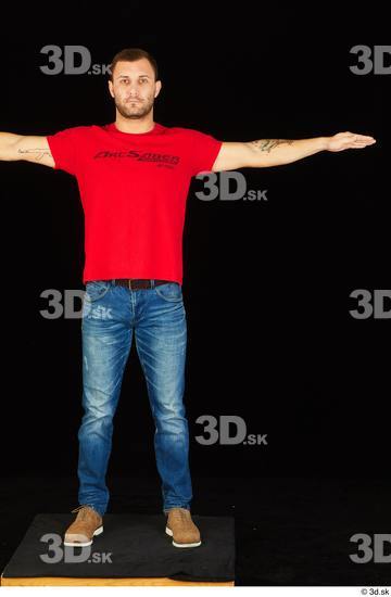 Whole Body Man T poses White Shoes Shirt Jeans Slim Standing Studio photo references