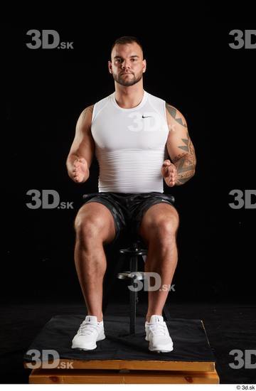 Whole Body Man White Sports Shorts Muscular Sitting Top Studio photo references