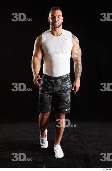 Whole Body Man White Sports Shorts Muscular Walking Top Studio photo references