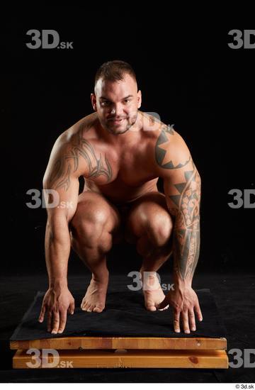 Whole Body Man White Nude Muscular Kneeling Studio photo references