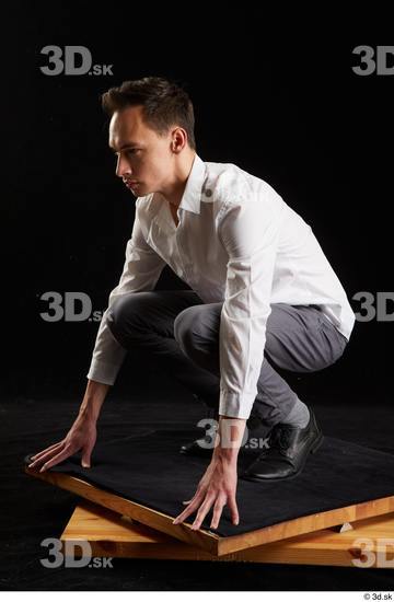 Whole Body Man White Shoes Shirt Trousers Slim Kneeling Studio photo references