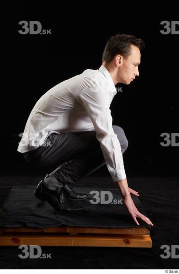 Whole Body Man White Shoes Shirt Trousers Slim Kneeling Studio photo references