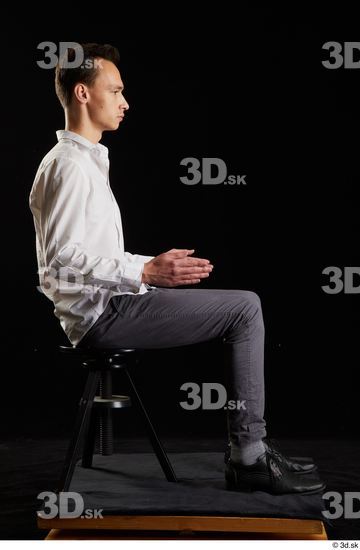 Whole Body Man White Shoes Shirt Trousers Slim Sitting Studio photo references