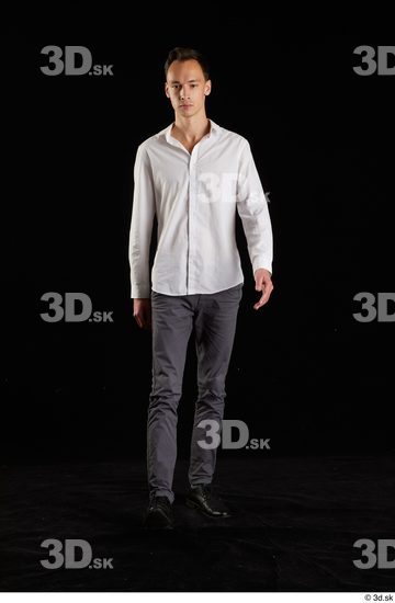 Whole Body Man White Shoes Shirt Trousers Slim Walking Studio photo references