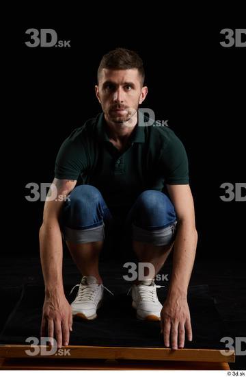 Whole Body Man White Casual Shirt Jeans Slim Kneeling Studio photo references