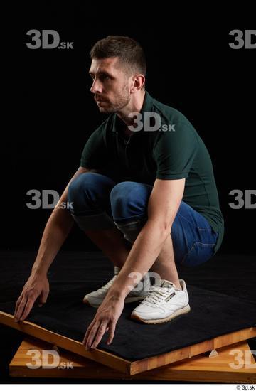 Whole Body Man White Casual Shirt Jeans Slim Kneeling Studio photo references