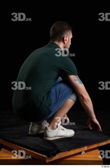 Whole Body Man White Casual Shirt Jeans Slim Kneeling Studio photo references