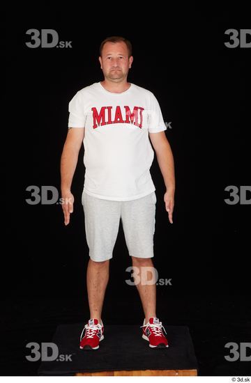 Whole Body Man White Sports Shirt Shorts Chubby Standing Studio photo references