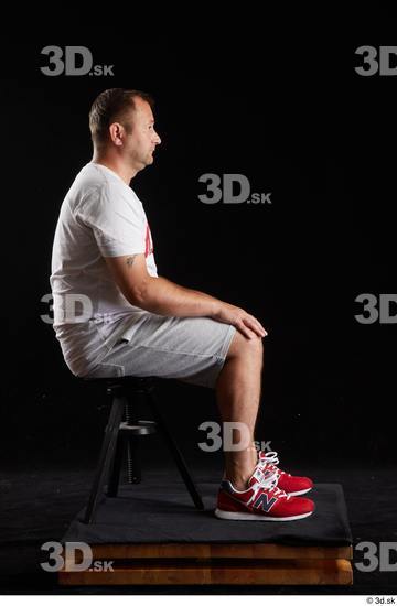 Whole Body Man White Sports Shirt Shorts Chubby Sitting Studio photo references