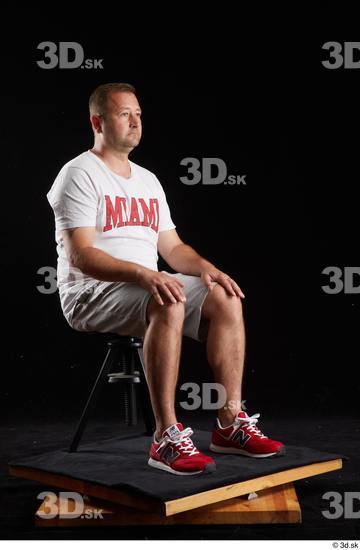 Whole Body Man White Sports Shirt Shorts Chubby Sitting Studio photo references