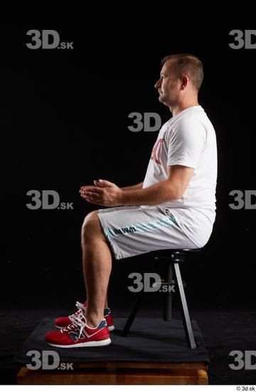 Whole Body Man White Sports Shirt Shorts Chubby Sitting Studio photo references